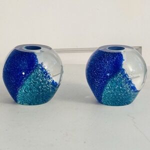 2 Lenox Undersea Paradise Votive Crystal Blue Swirl Dolphin, Made in Scotland